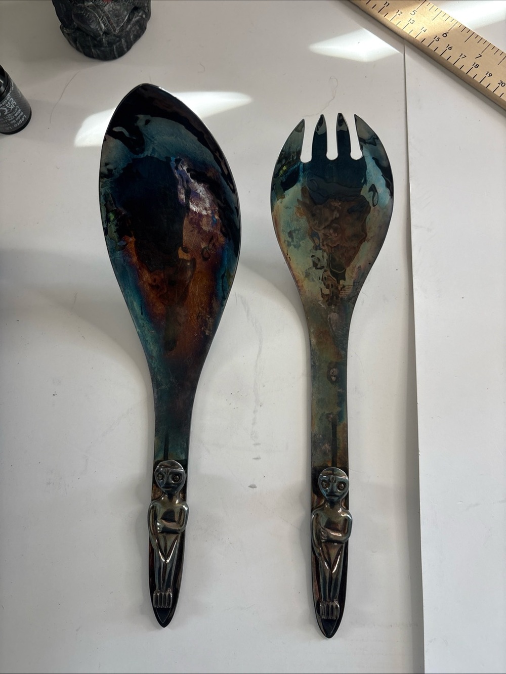 VINTAGE ACME SALAD SERVING SET NATIVE TOTEM DESIGN SALAD SPOONS SILVER PLATED